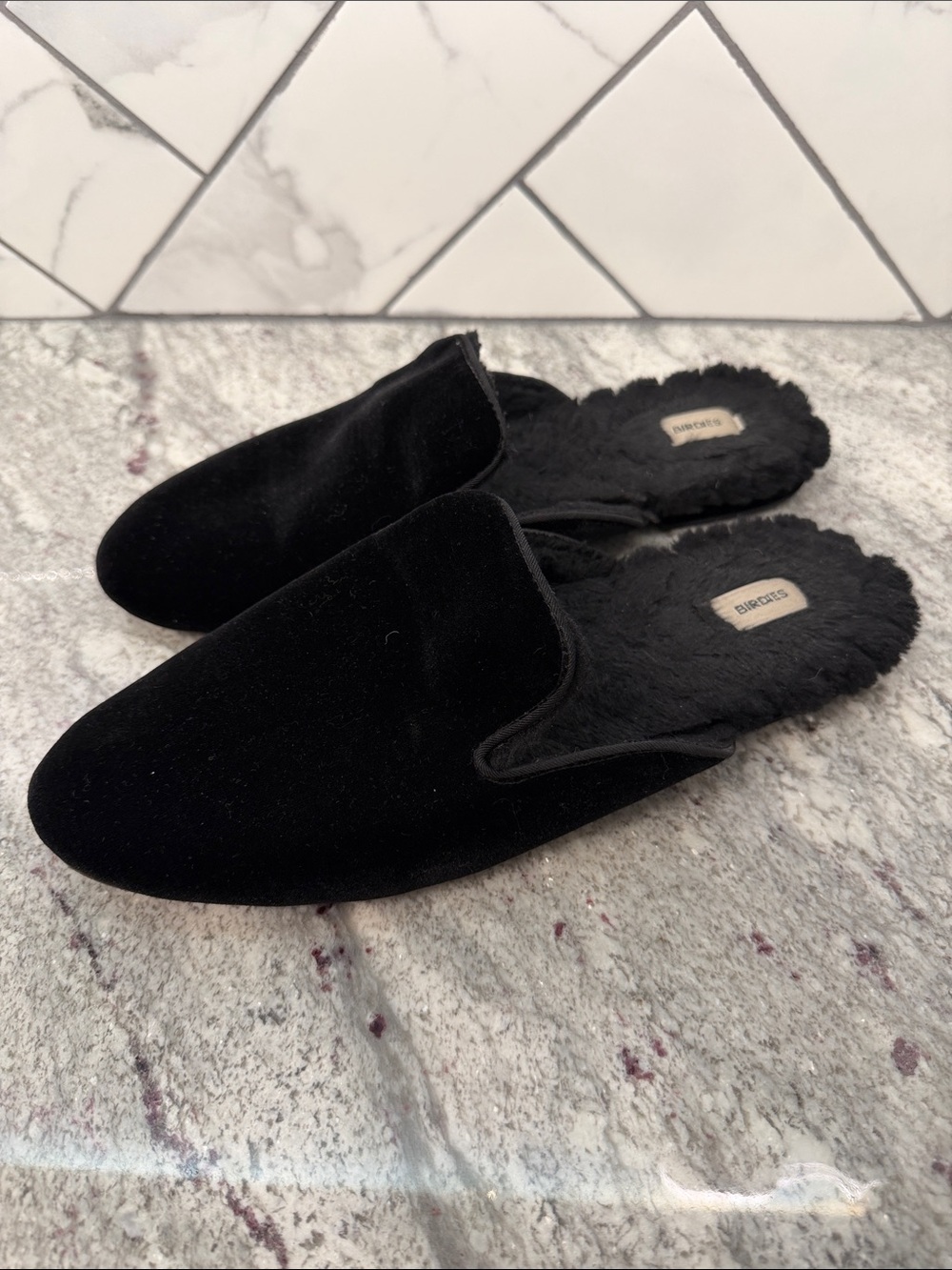 Birdies Black Faux Fur Lined Velvet Slip-On Mules